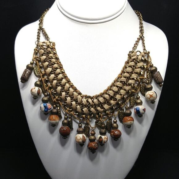 Bohemian Statement Necklace Woven Gold Tone with Earth Tone Ceramic Beads - Picture 1 of 8